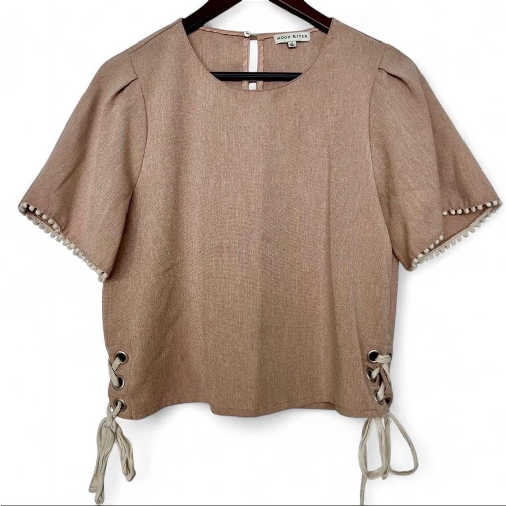 Moon River Blush Boxy Blouse, Side Tie and Pom Pom Details, Size M